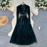 Light Luxury Famous Woman High-End Sense V Collar Long Sleeve Strap To Close The Waist Velvet Dress Women Autumn And Winter Lanky