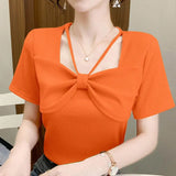 Women's Summer Pullover Halter Square Collar Screw Thread Solid Color Bow Short Sleeve T-shirt Korean Fashion Office Lady Tops 1028-0-Outfit