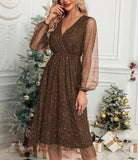 Toloer New V-Collar Elegant Slim Solid Color Stitching Mesh Perspective Sprinkling Powder Dress Female-Outfit