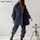 Single Breasted Oversized Fleece Winter Jacket and Pants Two Piece Matching Sets Women Warm Coats Female Sweatpants