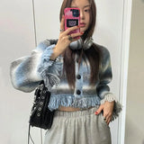 Y2k Tassel Cardigans Korean Fashion Rainbow Gradient Cropped Cardigan Vintage Harajuku Wool Cardigan Kawaii Knitwear