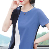 Summer Tshirts Women's Clothing New Round Neck Short Sleeve Temperament Patched Elegant Loose Casual Commuter Tops-Outfit