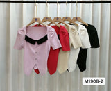 Collar Short-Sleeved T-Shirt Knitted Shirt Women's Summer New Bubble Sleeve French Collared Collarbone Knitted Blouse Korean Temperament