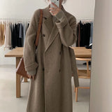 Chic Autumn And Winter Simple Temperament Collar Double Buckle Strap Loose Long-Term Warm Coat