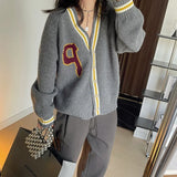 Women's Letter Print V Neck Colorblock Oversized Knit Caridgan Green Blue Gray Casual Sweater