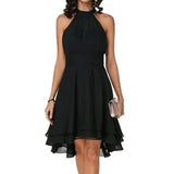New Fashion Pure Color Temperament Women's Sexy Out-Shoulder Sleeveless Round Collar Micro-Folding Waist Repair