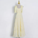 Minimalist Solid Dress For Females Square Collar Sleeveless High Waist Self Tie Bowknot Summer Women's Dresses