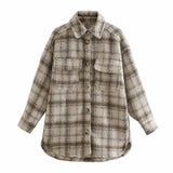 PUWD Vintage Woman Loose Camel Old School Plaid Shirt 2020 Fashion Ladies Autumn Oversized Outwear Female Casual Pocket