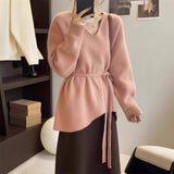 Toloer Goods V-Neck Belt Long Sheep Velvet Women Autumn And Winter Loose Knitted Wool Inside The Bottom