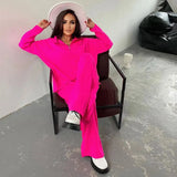 Casual Autumn Loose Knit Sweater Set Fashion Zip Lapel Long Sleeve Pullover Sweater & Straight Pants Two-piece