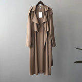 Autumn 2021 Women Solid Color Long Trench Coat Turn Down Collar Long Sleeve Khaki Coat Female Elegant Office Trench
