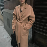Lady Solid Long Wool Coat Batwing Long Sleeve Elegant Office Jacket Female Turn Down Collar Casual Coat Women