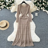 Slebock Crochet Dress Women's Waist Show Thin Sleeve Skirt Inside The Bottom Sling Skirt Two