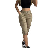 Toloer Women's Wear Tight Waist Slim Show Slim Casual Multi-Pocket Solid Color Cropped