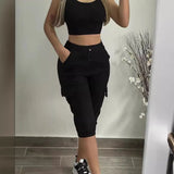Toloer Women's Wear Tight Waist Slim Show Slim Casual Multi-Pocket Solid Color Cropped