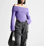 Toloer 2024 New Fashion Temperament One Word Shoulder Slim Slim Long-Sleeved Sweater Women's Solid Color Back Sweater-Outfit