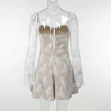 White Square Neck Lace Mesh Long Sleeve Mini Dress-Outfit