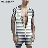 Striped Men Pajamas Playsuit Short Sleeve Button Fitness Homewear Comfortable Shorts Mens Rompers Sleepwear INCERUN S-5XL