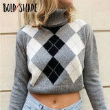 Bold Shade Street Style Indie Fashion Jumper Sweaters Turtleneck Argyle Thick Women Grunge Sweater Y2K Style Outfits Winter