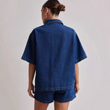Summer Women's Casual Retro Loose Shirt Denim Shorts Set