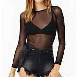 Toloer And Autumn Black Full Transparent Net Yarn Bottom Shirt Female Long Sleeve Sexy Perspective Thin Net Shirt Super Elastic Gauze Clothes-Outfit