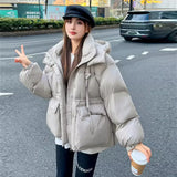 Korean Version Of The Waist Down Jacket Female Short Style 2024 Winter New Thick Hat White Duck Down Triangle Logo Warm Coat Tide-Outfit