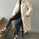 Fashion Argyle Fur Collar Long Parka Winter Down Jacket Women Single Breasted Casual Warm Oversize