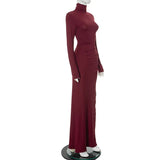 Turtleneck Long Sleeve Draped Slit Maxi Dress-Outfit