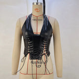 Toloer Women's Fashion PU Leather Hanging Neck Sexy Straps Tight Waist Small Vest Women's Wear-Outfit