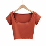 Summer New INS Tight Square Collar Short-Sleeved T-Shirt With Bottom Ultra-Short Exposed Collarbone High Waist Navel Blouse-Outfit