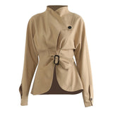 Autumn And Winter To Collect The Waist Of Thin Lotus Leaves Side Irregularly Cut Coat Women
