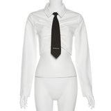 Toloer Autumn 2023 New Women's Solid Color Slim Collar Fashion Tie Crop Long Sleeve T-Shirt-Outfit