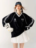 Stripe Bow Oversized V-neck Black Jersey Long Sleeve Top-Outfit