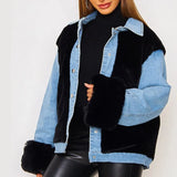 Women Streetwear Plush Denim Jacket Coat Autumn Winter Casual Adults Long Sleeve Lapel Neck Plush Patchwork Jacket Outerwear