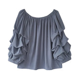New Korean Version Of Temperament Word-Collar Shoulder Chiffon Shirt Women Loose Bubble Tops Thin Solid Color Bottom