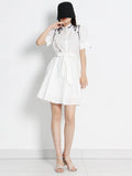 Casual Embroidery Dress For Women Lapel Short Sleeve High Waist Colorblock Loose Midi Dresses Female Clothing