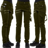 Women Solid Long Pants Pockets Zipper Slim Fit Casual Regular Button Mid Waist Splice Rivet Straight Trousers Autumn 2023-Outfit