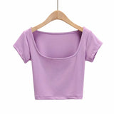 Summer New INS Tight Square Collar Short-Sleeved T-Shirt With Bottom Ultra-Short Exposed Collarbone High Waist Navel Blouse-Outfit