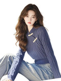 Chinese Style Blue Retro Collared Knitted Bottom Shirt 2025 Autumn And Winter New Chic Long-Sleeved