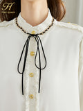 Han Queen New Arrival Spring Autumn Shirts Women's Blouses Vintage Work Casual Top Chiffon Blouse Elegant Lace-Up Loose Shirts-Outfit