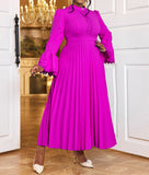 Elegant Round Collar Horn Long-Sleeved Dress Party Hundred Folds Dress Dress