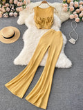 Women Summer Two Pieces Sets Sleeveless Slim Short Tops+High Waist Wide Legs Long Pants Fashion Long Two Piece