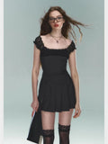 Black Pleated Strap Mini Dress-Outfit