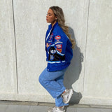 Print Loose Baseball Jackets Women 2022 Casual Blue Long Sleeve Sports Coat Spring Autumn Female Streetwear Zipper Bomber