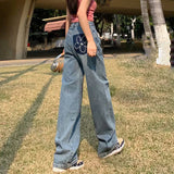 Small Flower Jeans Women Hit The Color Leather Standard High Waist Pendant Feeling Broad Legs Loose 100 Straight Tube Floor Trousers-Outfit