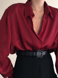 Women Button Blouses Turn Down Collar Shirts Office Lady Long Sleeve Casual Blouse Loose OL Shirt Baggy Tops Red/Wine Red /Black-Outfit