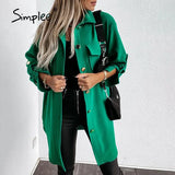 Simplee Office loose lapel pocket women's jacket green Casual ladies autumn winter long coats Minimalist split apricot