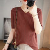 Toloer The Summer Of 2024, Women's Knit Short Sleeve Korean V-Neck Solid Color T-Shirt And A Pit Top-Outfit