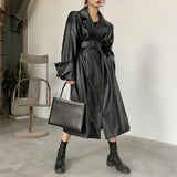 Lautaro Long oversized leather trench coat for women long sleeve lapel loose fit Fall Stylish black women clothing