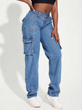 New Retro Mid-Rise Multi-Pocket Workwear Jeans Women's Casual Straight